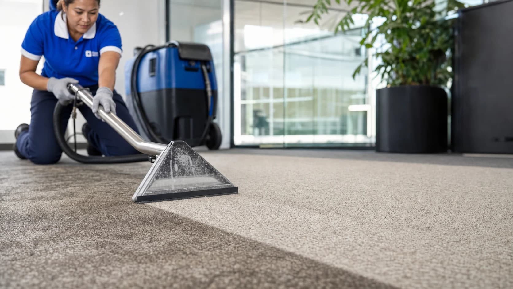 Clean Best technician extracting a traffic lane from office carpet in Castle Hill NSW