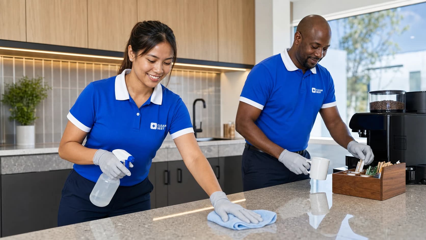 Clean Best cleaner wiping down desks in a Castle Hill professional office in NSW