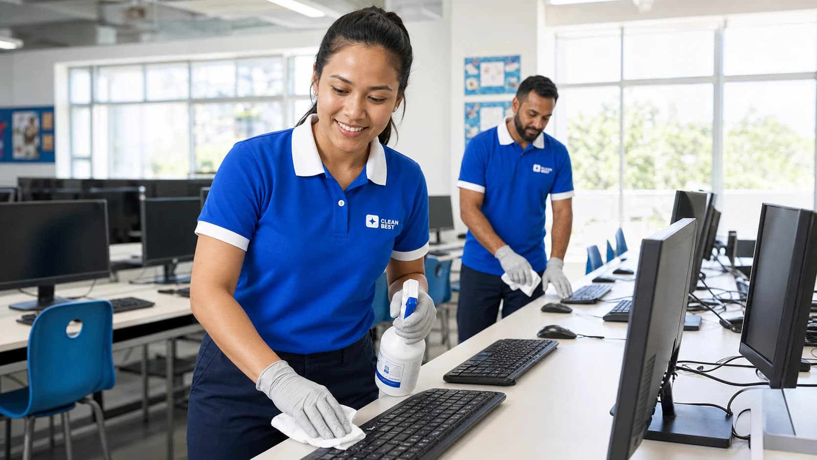 Clean Best cleaner mopping a classroom floor after the last bell at a school in Castle Hill NSW