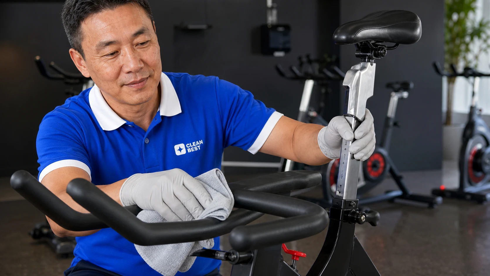 Clean Best cleaner wiping down equipment in a Castle Hill gym before opening in NSW