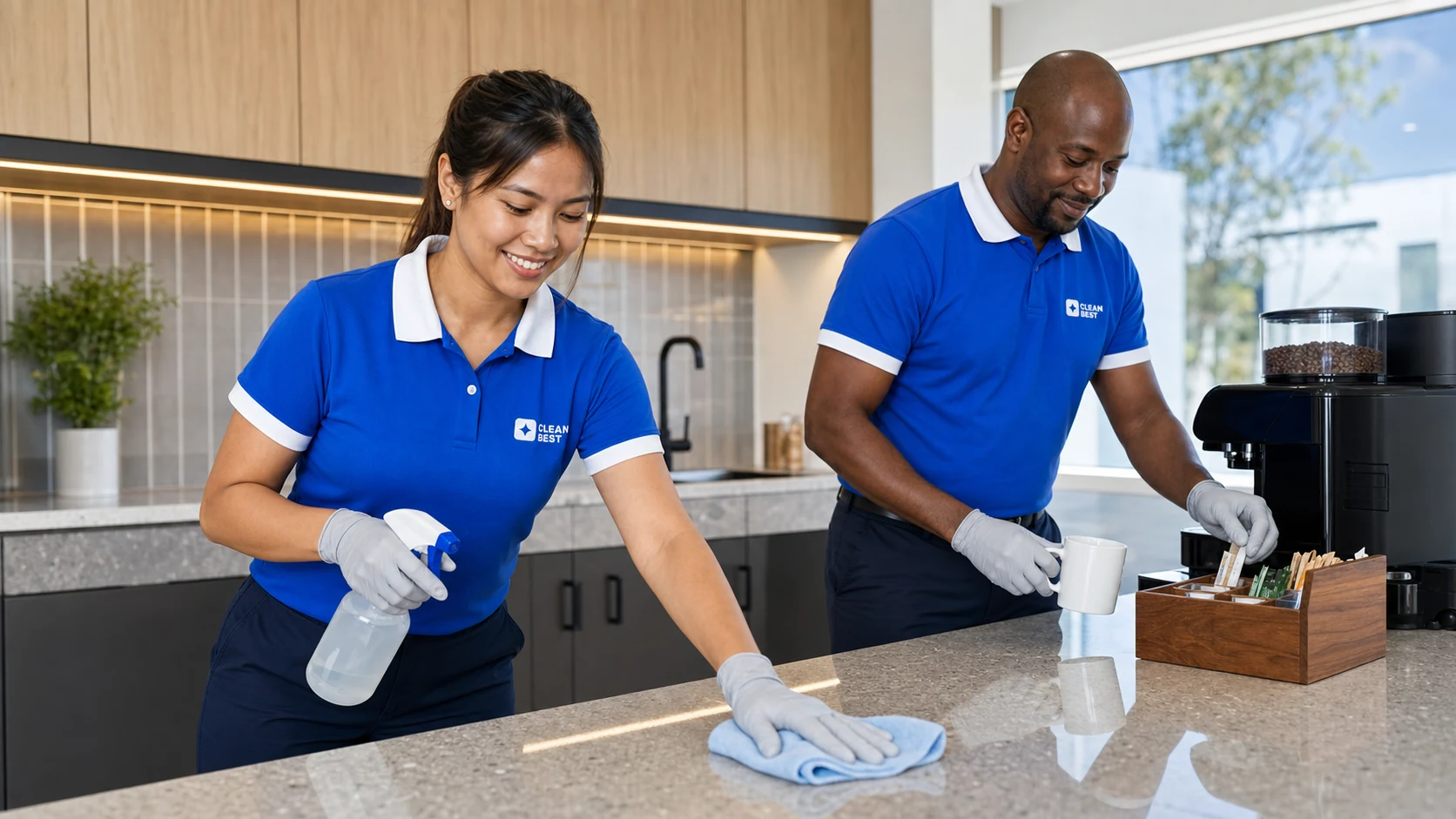 Clean Best cleaner wiping down desks in a Castle Hill professional office in NSW