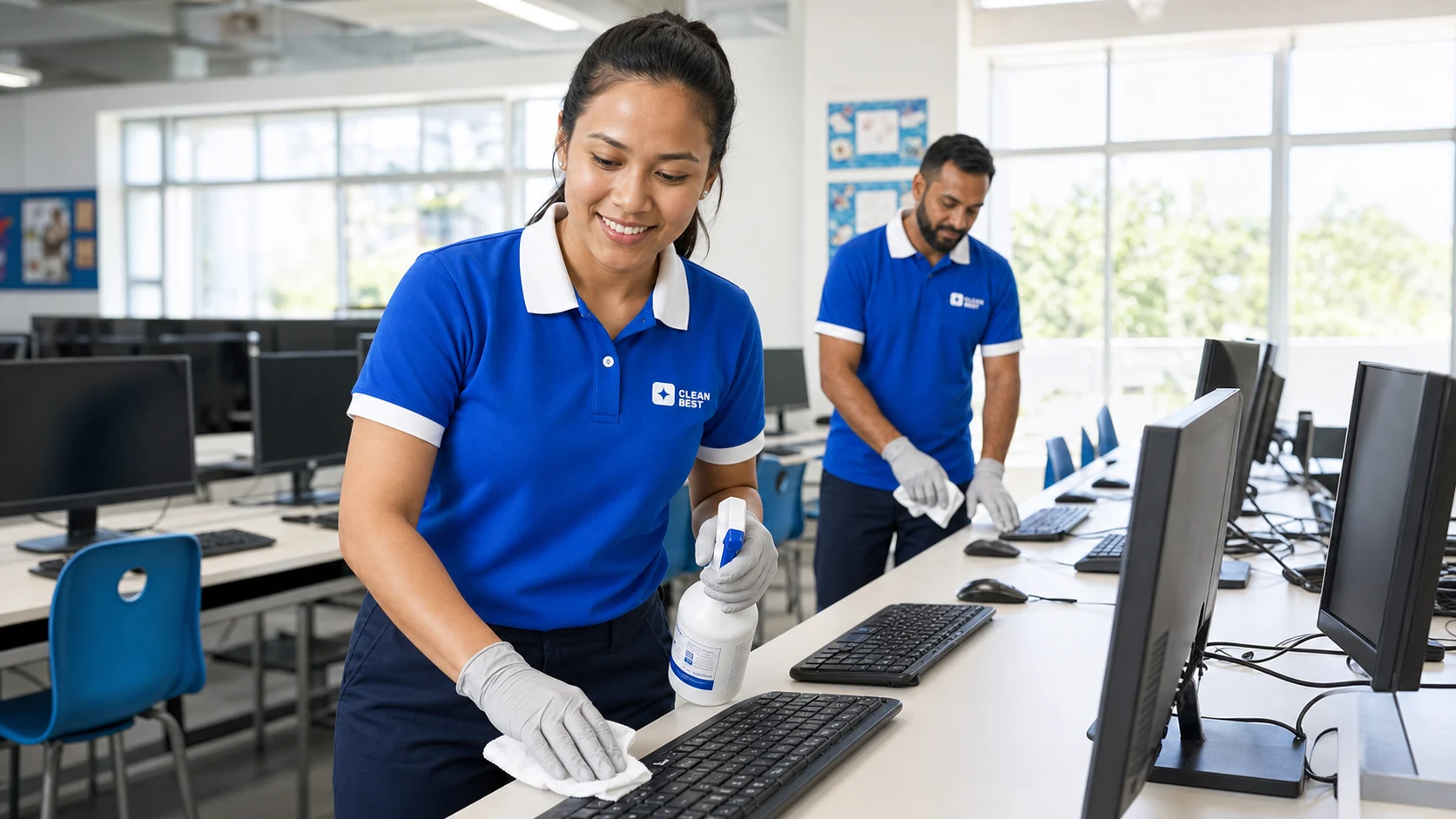 Clean Best cleaner mopping a classroom floor after the last bell at a school in Castle Hill NSW